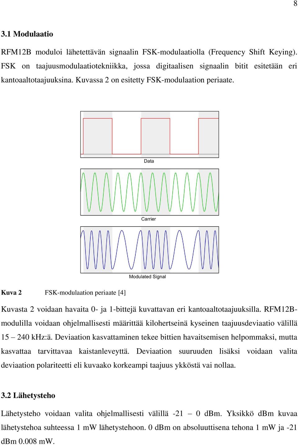 Kuva 2 FSK-modulaation periaate [4] Kuvasta 2 voidaan havaita 0- ja 1-bittejä kuvattavan eri kantoaaltotaajuuksilla.