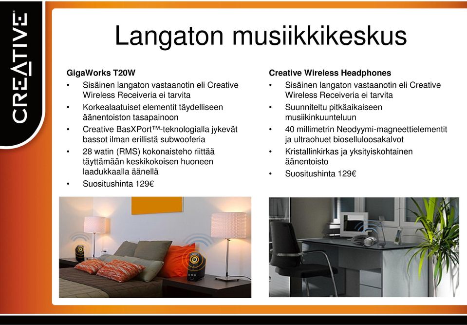 äänellä Suositushinta 129 Creative Wireless Headphones Sisäinen langaton vastaanotin eli Creative Wireless Receiveria ei tarvita Suunniteltu pitkäaikaiseen