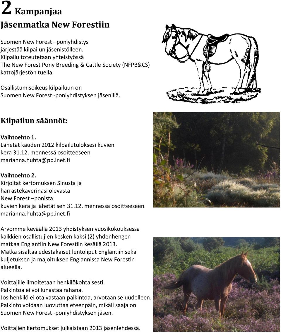 Kilpailun säännöt: Vaihtoehto 1. Lähetät kauden 2012 kilpailutuloksesi kuvien kera 31.12. mennessä osoitteeseen marianna.huhta@pp.inet.fi Vaihtoehto 2.