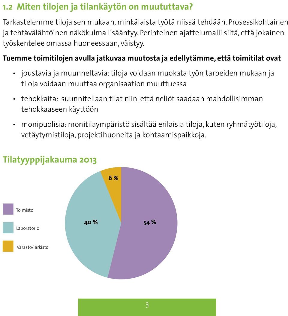 Tuemme toimitilojen avulla jatkuvaa muutosta ja edellytämme, että toimitilat ovat joustavia ja muunneltavia: tiloja voidaan muokata työn tarpeiden mukaan ja tiloja voidaan muuttaa organisaation