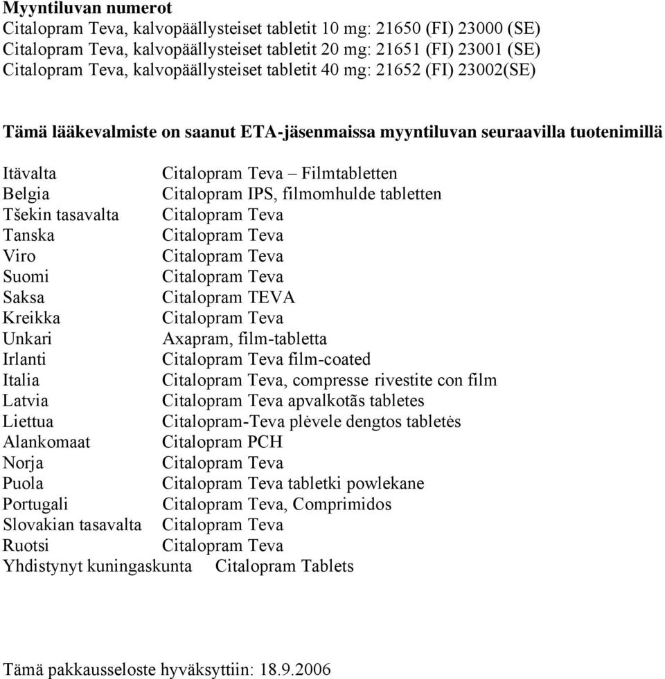 Suomi Saksa Citalopram TEVA Kreikka Unkari Axapram, film-tabletta Irlanti film-coated Italia, compresse rivestite con film Latvia apvalkotãs tabletes Liettua Citalopram-Teva plėvele dengtos