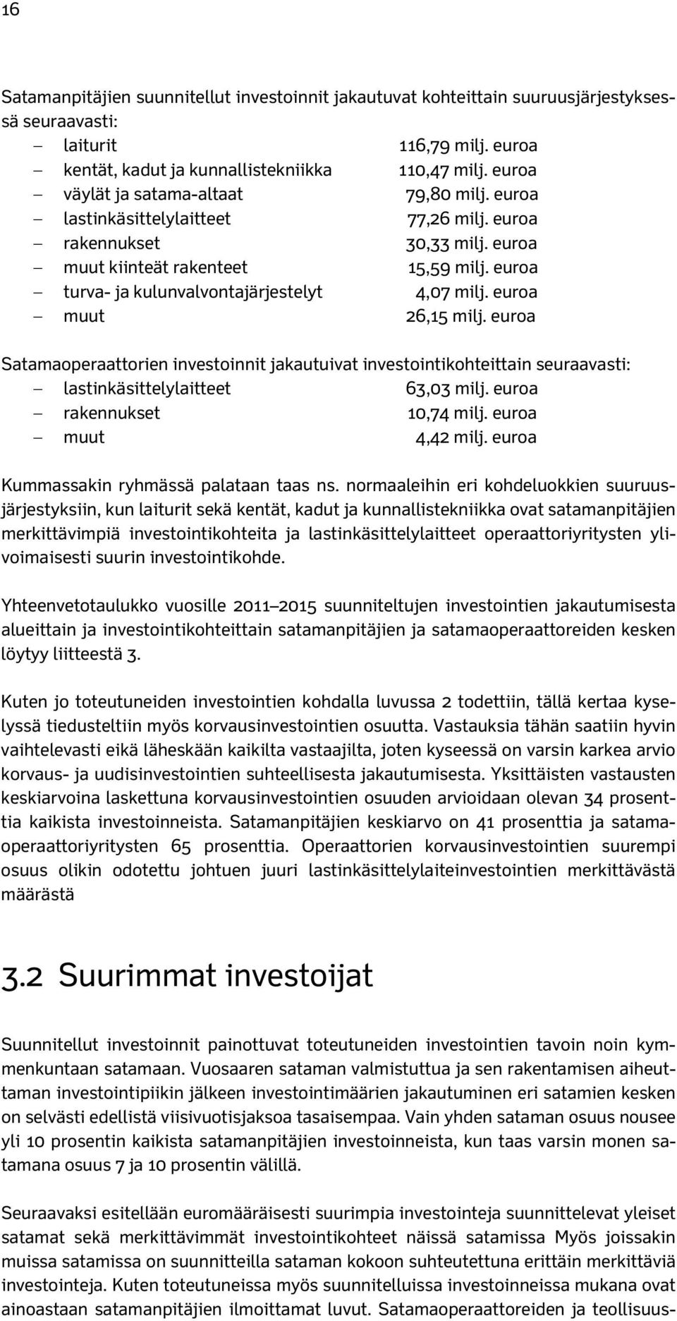 euroa turva- ja kulunvalvontajärjestelyt 4,07 milj. euroa muut 26,15 milj. euroa Satamaoperaattorien investoinnit jakautuivat investointikohteittain seuraavasti: lastinkäsittelylaitteet 63,03 milj.