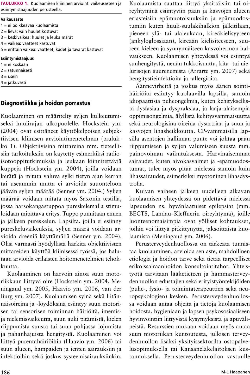 Esiintymistaajuus 1 = ei koskaan 2 = satunnaisesti 3 = usein 4 = jatkuvasti Diagnostiikka ja hoidon porrastus Kuolaaminen on määritelty syljen kulkeutumiseksi huulirajan ulkopuolelle. Hockstein ym.