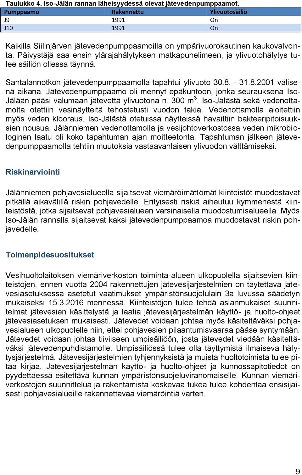 Päivystäjä saa ensin ylärajahälytyksen matkapuhelimeen, ja ylivuotohälytys tulee säiliön ollessa täynnä. Santalannotkon jätevedenpumppaamolla tapahtui ylivuoto 30.8. - 31.8.2001 välisenä aikana.