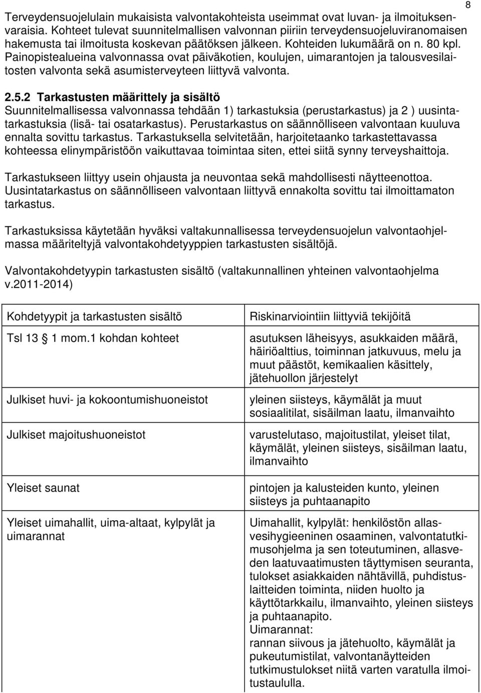 Painopistealueina valvonnassa ovat päiväkotien, koulujen, uimarantojen ja talousvesilaitosten valvonta sekä asumisterveyteen liittyvä valvonta. 2.5.
