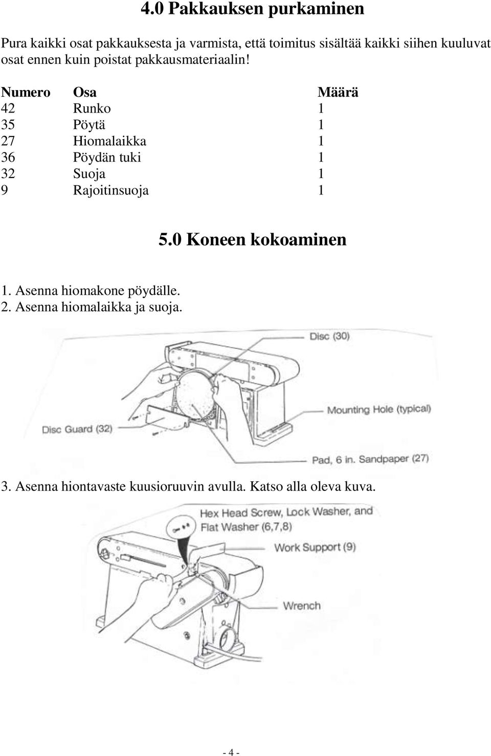 Numero Osa Määrä 42 Runko 1 35 Pöytä 1 27 Hiomalaikka 1 36 Pöydän tuki 1 32 Suoja 1 9 Rajoitinsuoja 1 5.
