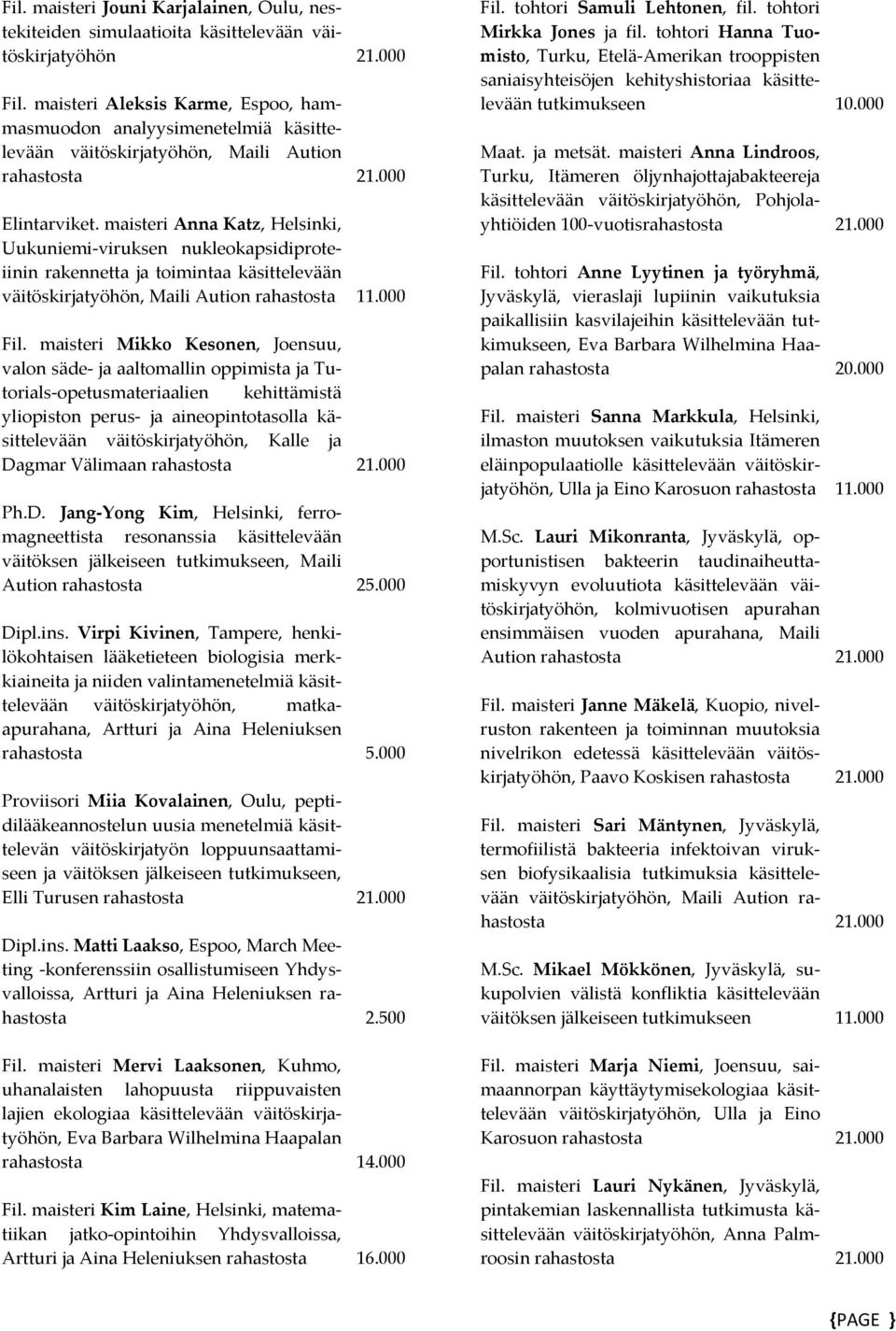 maisteri Anna Katz, Helsinki, Uukuniemi viruksen nukleokapsidiproteiinin rakennetta ja toimintaa käsittelevään väitöskirjatyöhön, Maili Aution rahastosta 11.000 Fil.