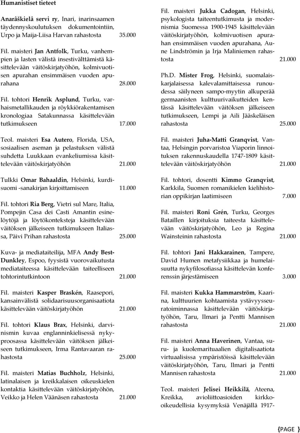 tohtori Henrik Asplund, Turku, varhaismetallikauden ja röykkiörakentamisen kronologiaa Satakunnassa käsittelevään tutkimukseen 17.000 Teol.