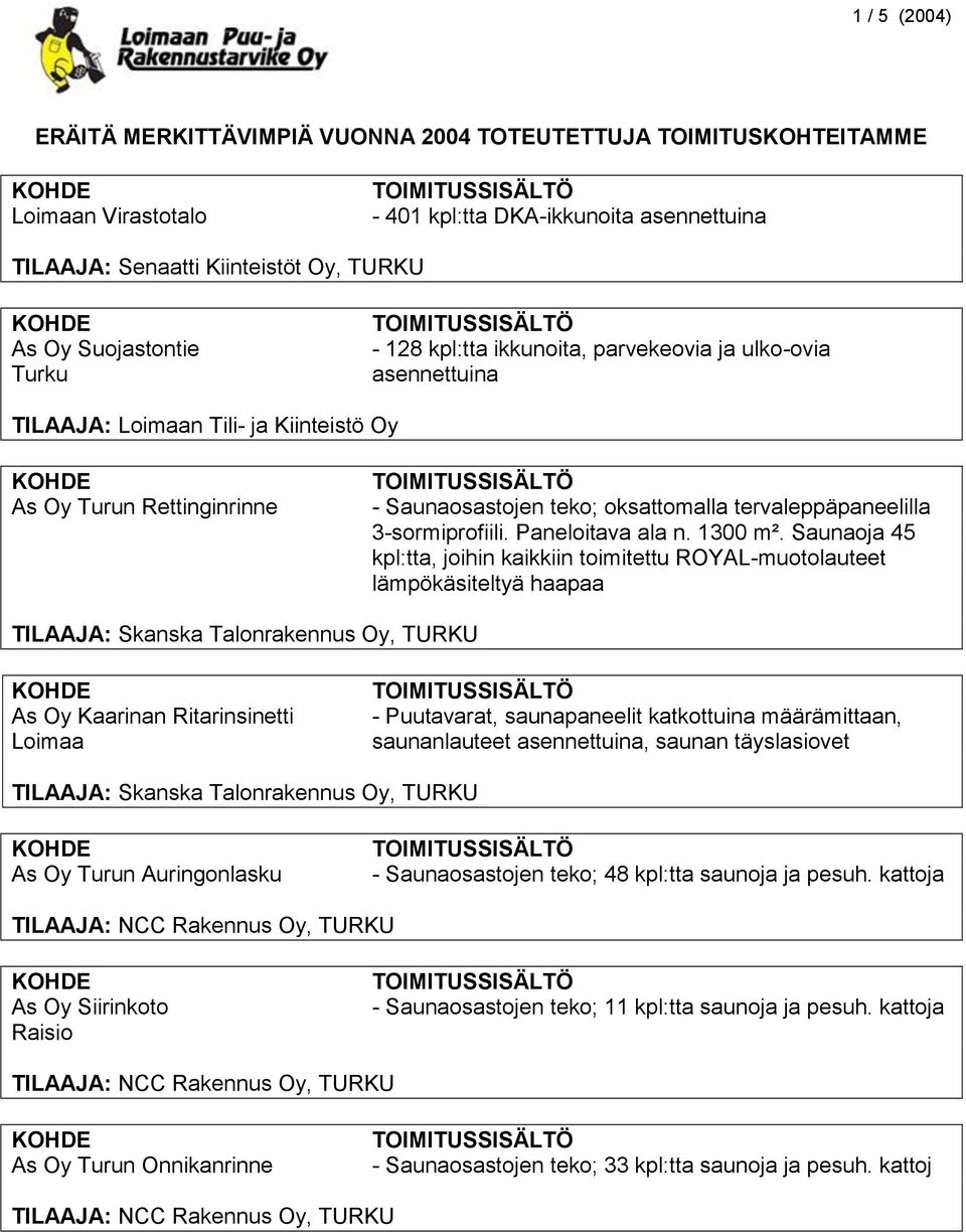 Saunaoja 45 kpl:tta, joihin kaikkiin toimitettu ROYAL-muotolauteet lämpökäsiteltyä haapaa TILAAJA: Skanska Talonrakennus Oy, TURKU As Oy Kaarinan Ritarinsinetti - Puutavarat, saunapaneelit