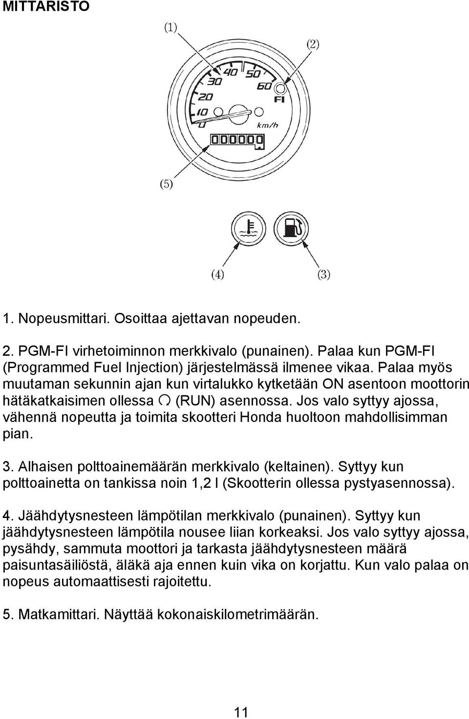 Jos valo syttyy ajossa, vähennä nopeutta ja toimita skootteri Honda huoltoon mahdollisimman pian. 3. Alhaisen polttoainemäärän merkkivalo (keltainen).