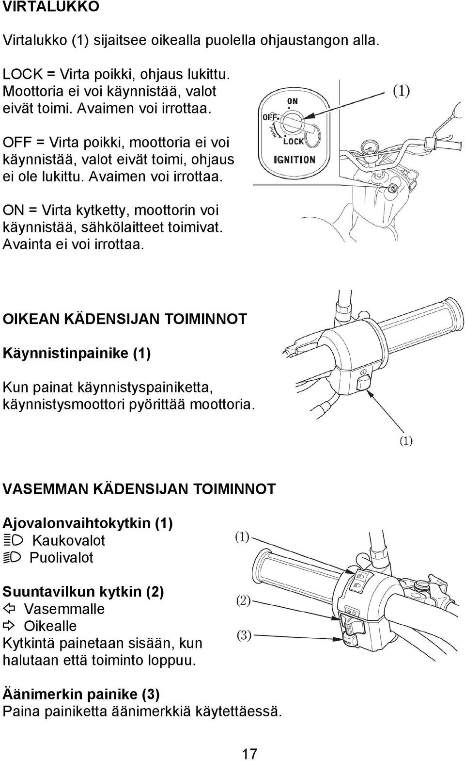 Avainta ei voi irrottaa. OIKEAN KÄDENSIJAN TOIMINNOT Käynnistinpainike (1) Kun painat käynnistyspainiketta, käynnistysmoottori pyörittää moottoria.