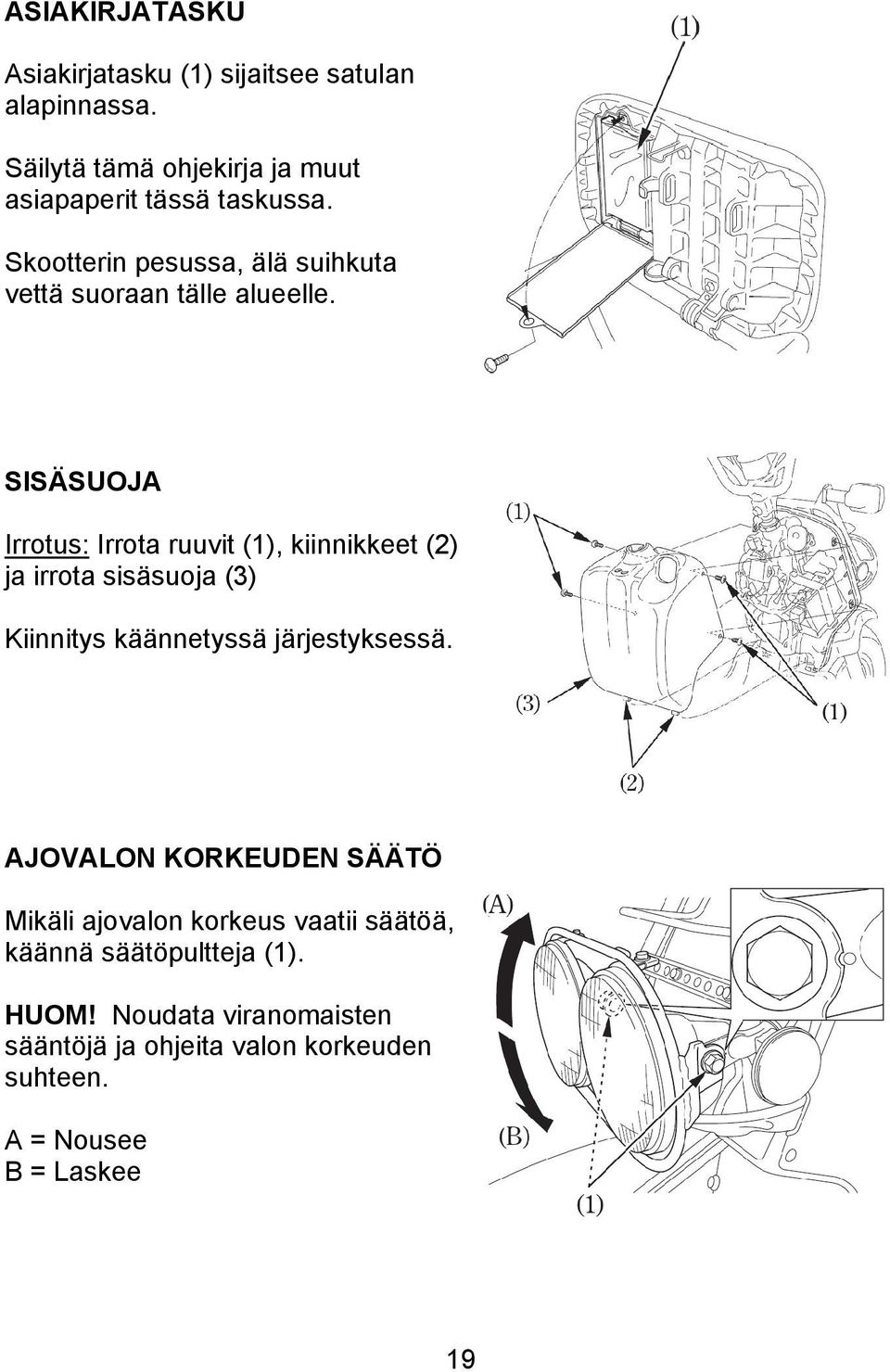 SISÄSUOJA Irrotus: Irrota ruuvit (1), kiinnikkeet (2) ja irrota sisäsuoja (3) Kiinnitys käännetyssä järjestyksessä.