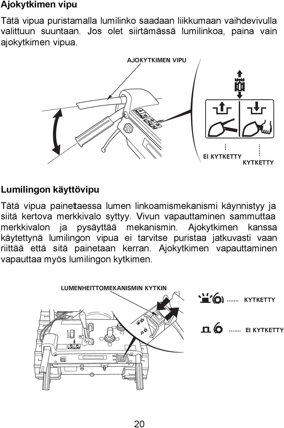 AJOKYTKIMEN VIPU EI KYTKETTY KYTKETTY Lumilingon käyttövipu Tätä vipua painettaessa lumen linkoamismekanismi käynnistyy ja siitä kertova merkkivalo syttyy.