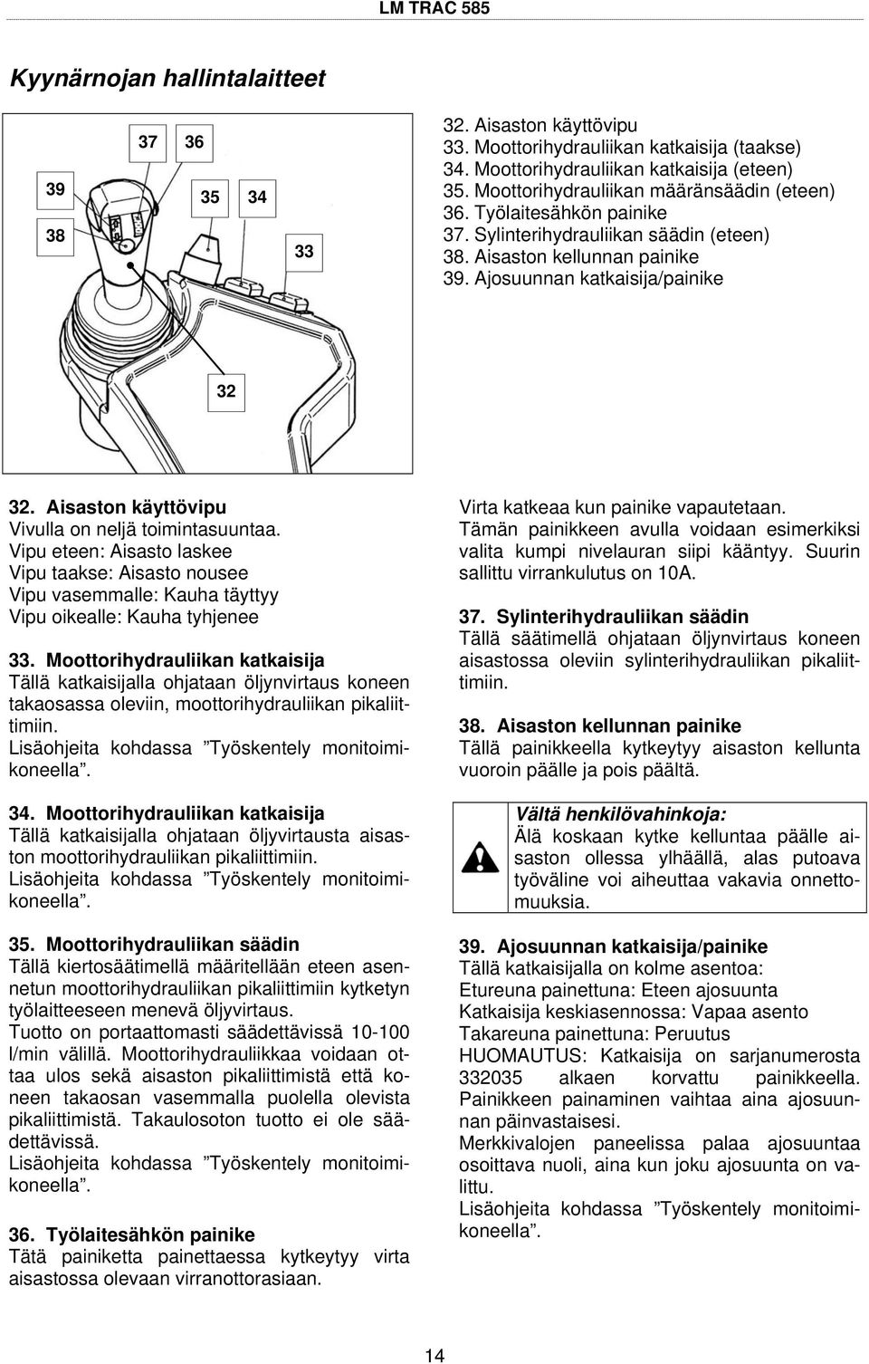 Aisaston käyttövipu Vivulla on neljä toimintasuuntaa. Vipu eteen: Aisasto laskee Vipu taakse: Aisasto nousee Vipu vasemmalle: Kauha täyttyy Vipu oikealle: Kauha tyhjenee 33.