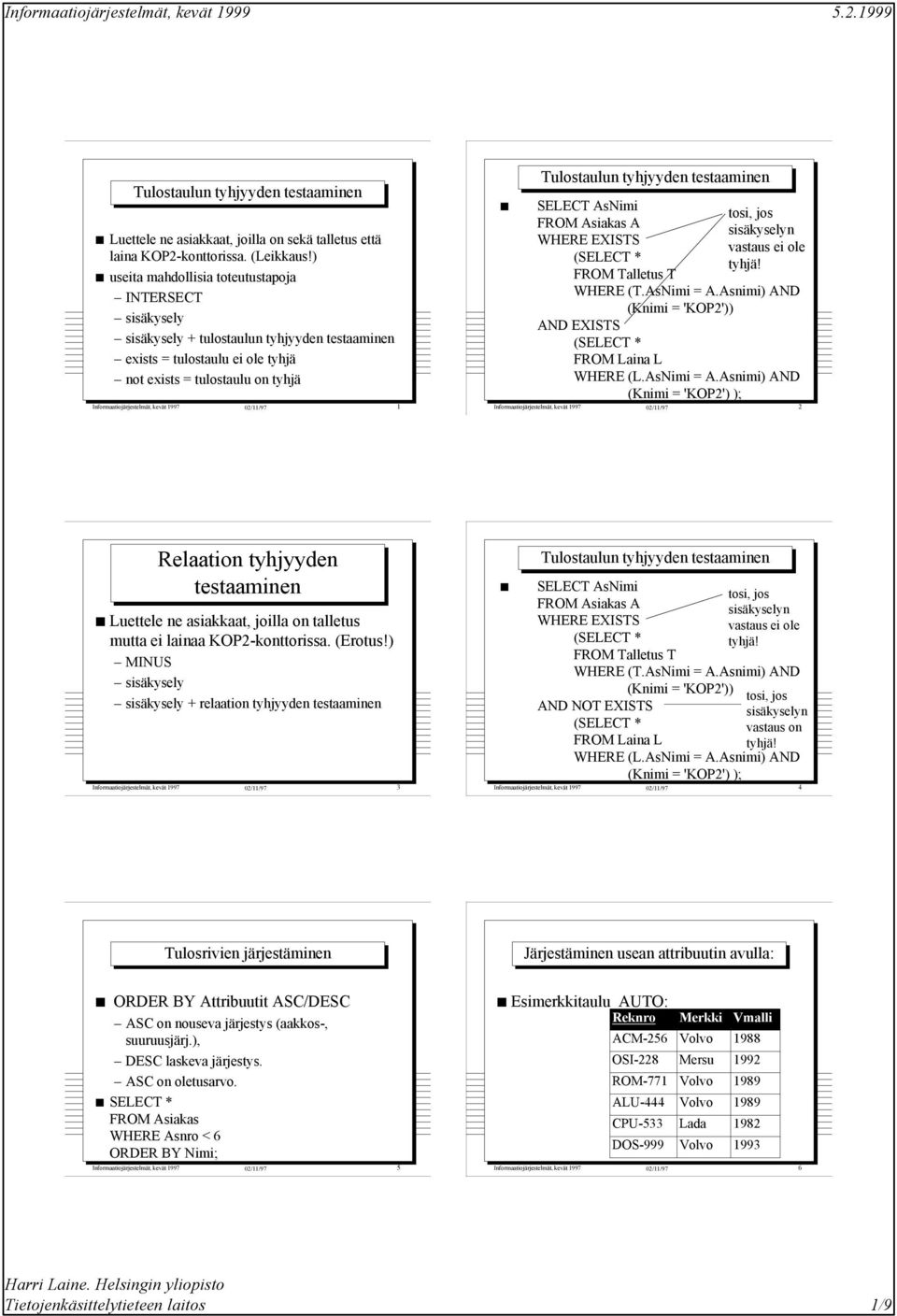 kevät 1997 02/11/97 1 Tulostaulun tyhjyyden testaaminen SELECT AsNimi FROM Asiakas A WHERE EXISTS (SELECT * T tosi, jos sisäkyselyn vastaus ei ole tyhjä! WHERE (T.AsNimi = A.