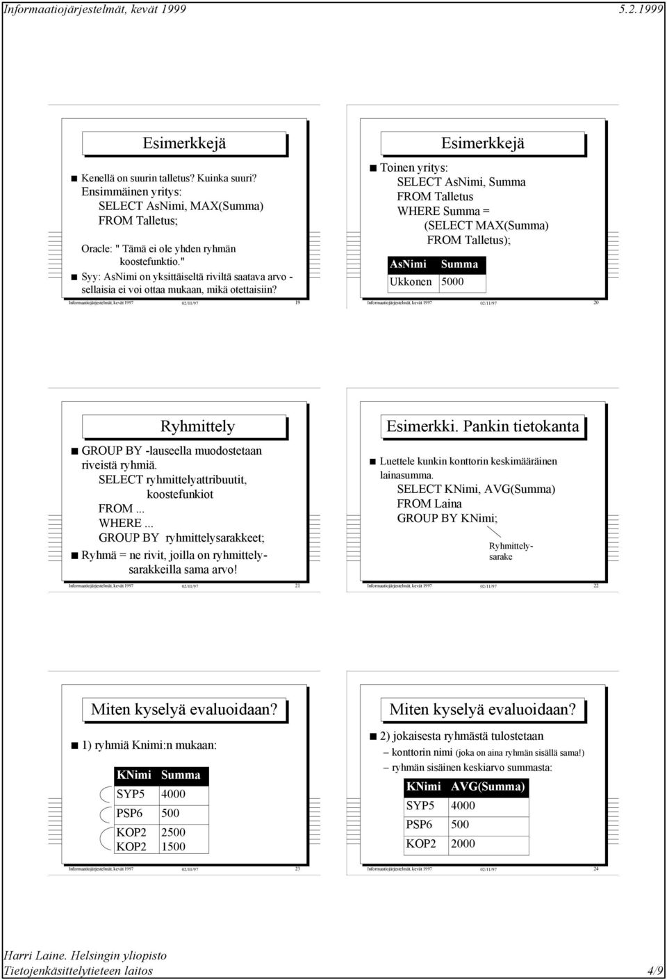 Informaatiojärjestelmät, kevät 1997 02/11/97 19 Toinen yritys: SELECT AsNimi, WHERE = (SELECT MAX() ); AsNimi Ukkonen 5000 Informaatiojärjestelmät, kevät 1997 02/11/97 20 Ryhmittely GROUP BY