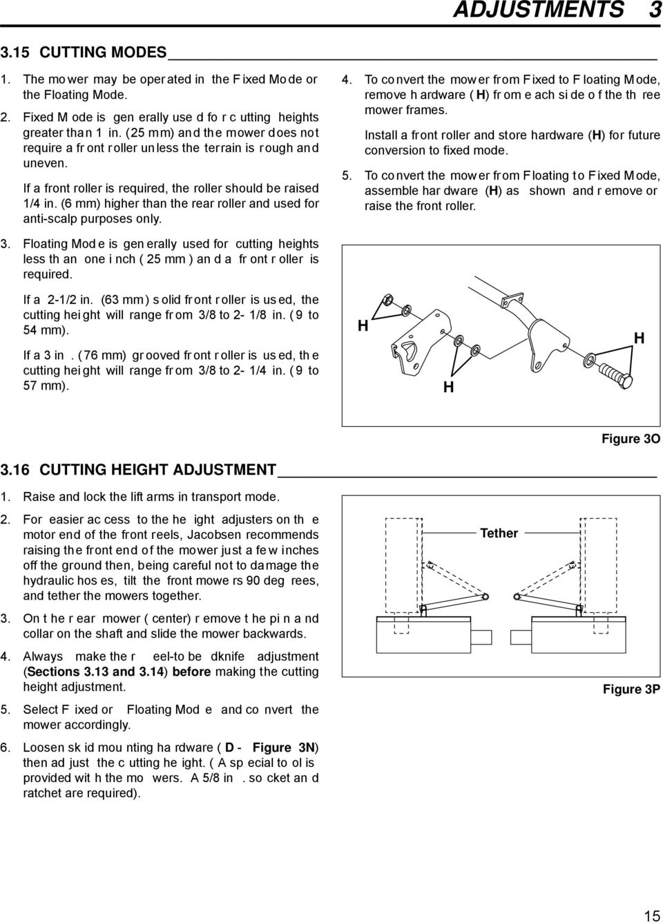 (6 mm) higher than the rear roller and used for anti-scalp purposes only. 4. To convert the mower from Fixed to F loating Mode, remove h ardware ( H) fr om e ach si de o f the th ree mower frames.