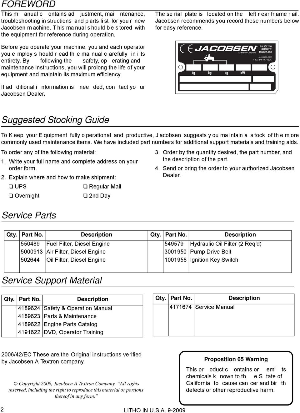 Jacobsen recommends you record these numbers below for easy reference. Before you operate your machine, you and each operator you e mploy s hould r ead th e ma nual c arefully in i ts entirety.