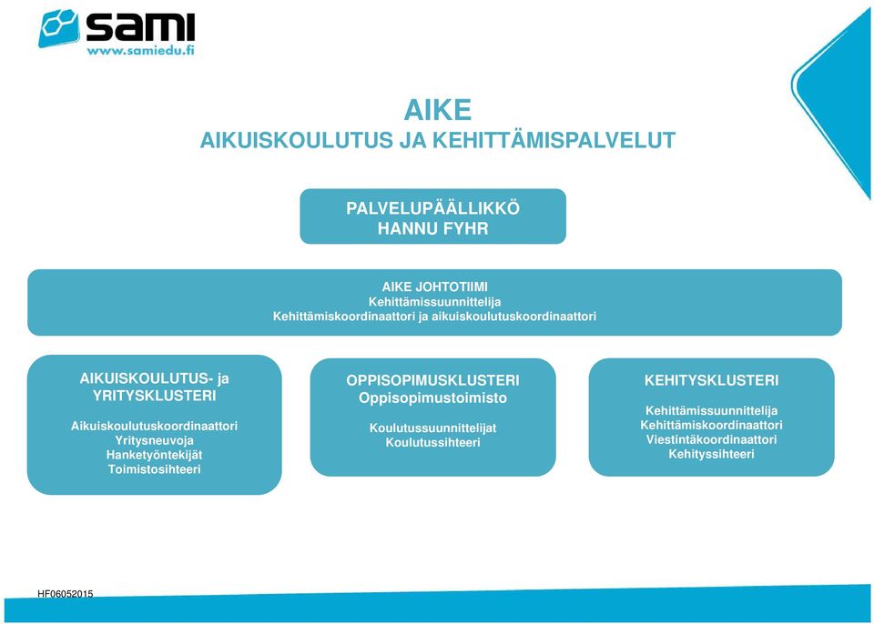 Aikuiskoulutuskoordinaattori Yritysneuvoja Hanketyöntekijät Toimistosihteeri OPPISOPIMUSKLUSTERI Oppisopimustoimisto