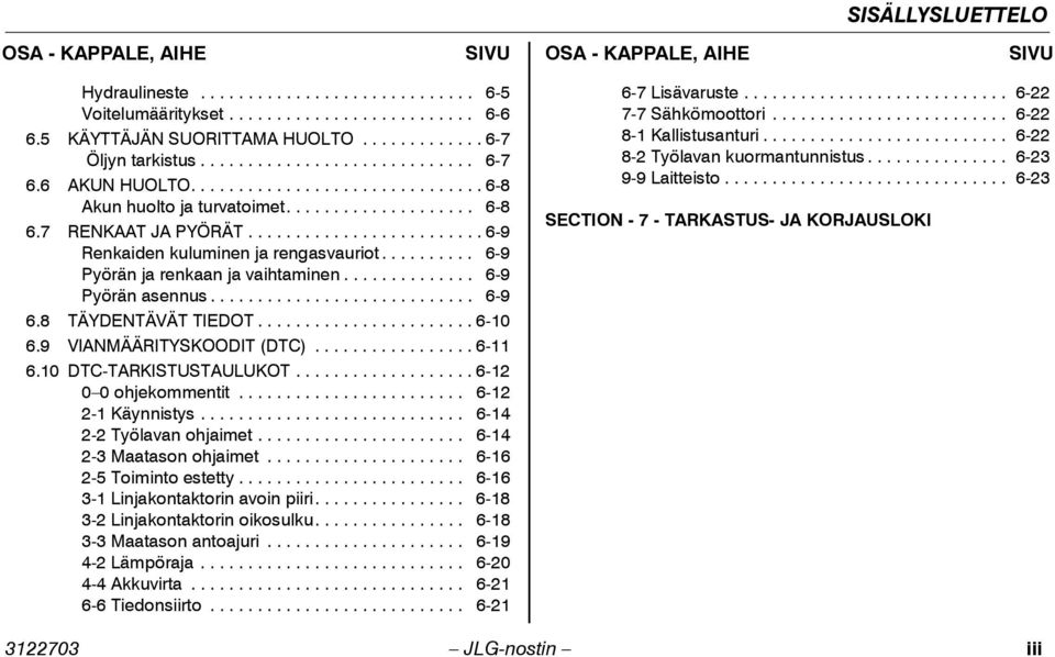 ........................ 6-9 Renkaiden kuluminen ja rengasvauriot.......... 6-9 Pyörän ja renkaan ja vaihtaminen.............. 6-9 Pyörän asennus............................ 6-9 6.