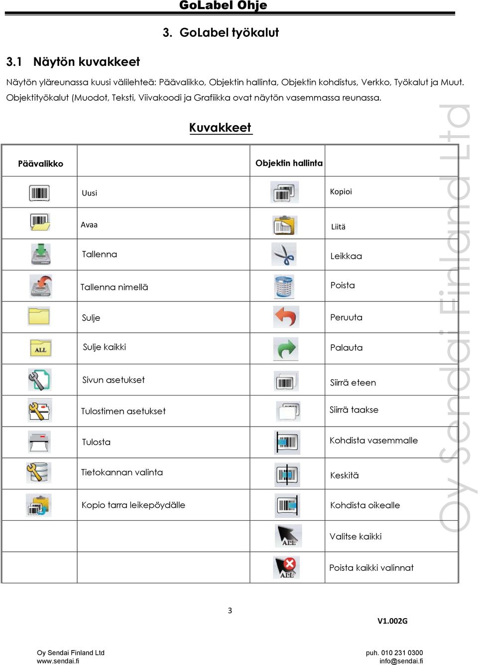 Objektityökalut (Muodot, Teksti, Viivakoodi ja Grafiikka ovat näytön vasemmassa reunassa.