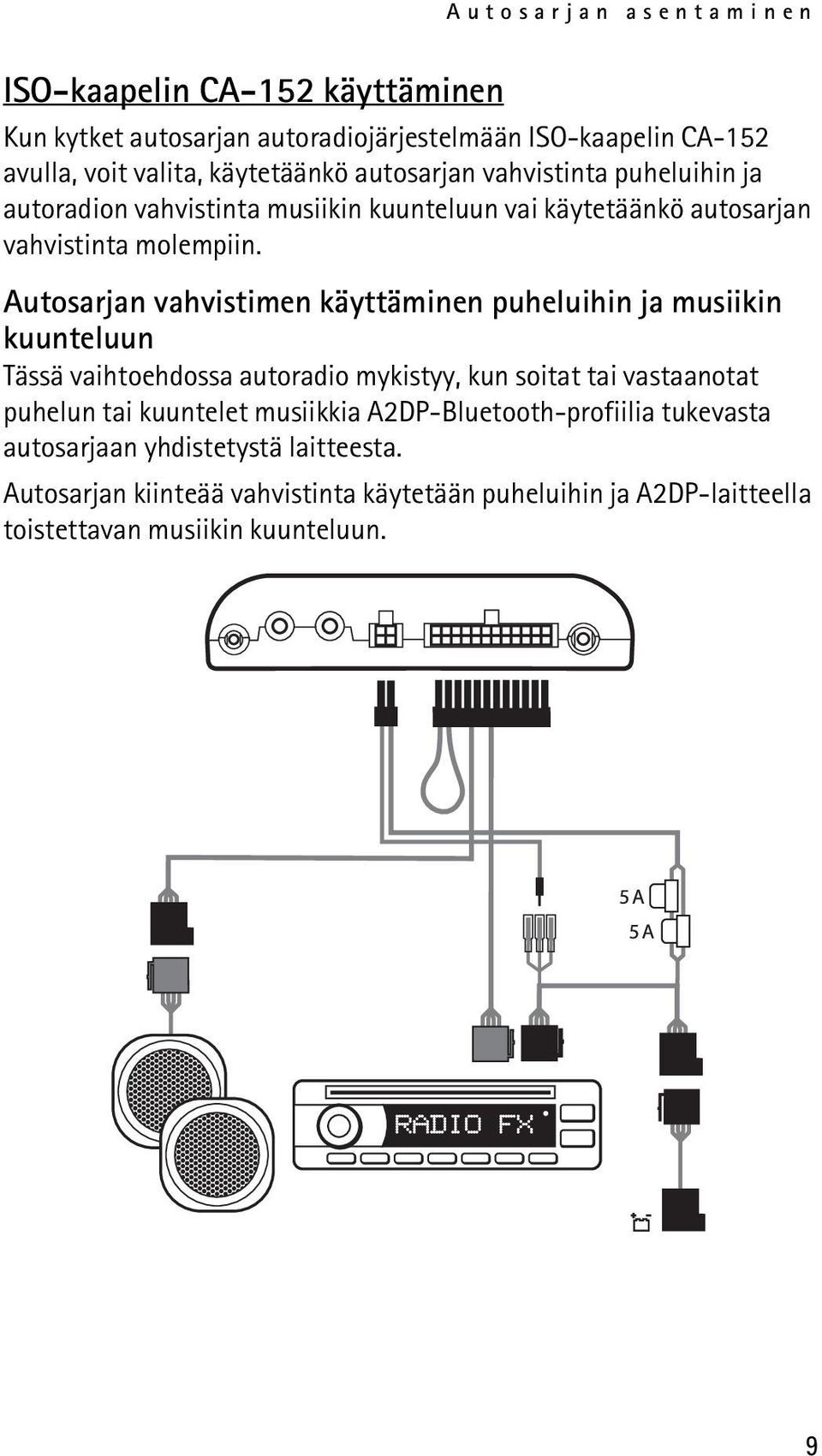 Autosarjan vahvistimen käyttäminen puheluihin ja musiikin kuunteluun Tässä vaihtoehdossa autoradio mykistyy, kun soitat tai vastaanotat puhelun tai kuuntelet