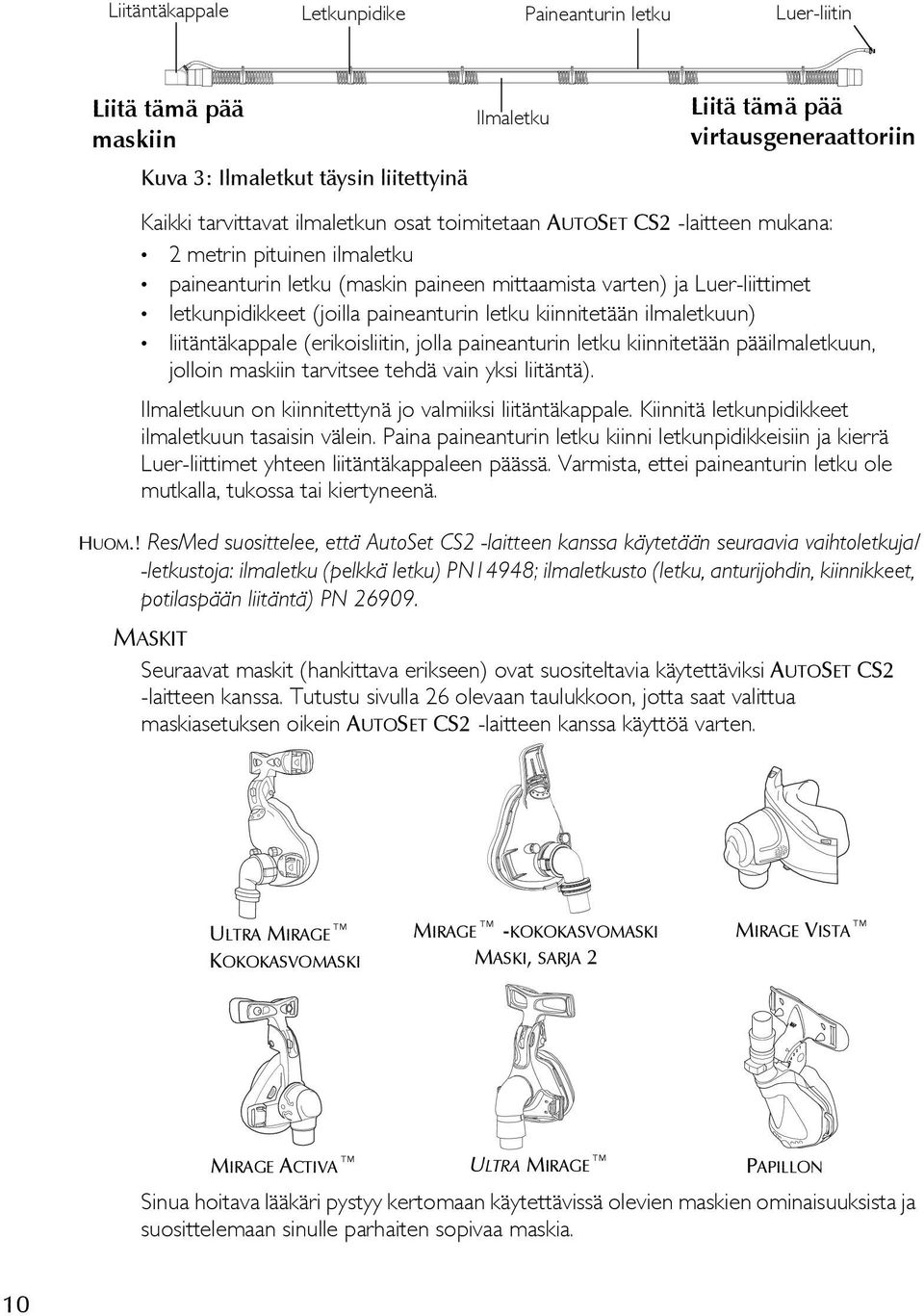 kiinnitetään ilmaletkuun) liitäntäkappale (erikoisliitin, jolla paineanturin letku kiinnitetään pääilmaletkuun, jolloin maskiin tarvitsee tehdä vain yksi liitäntä).