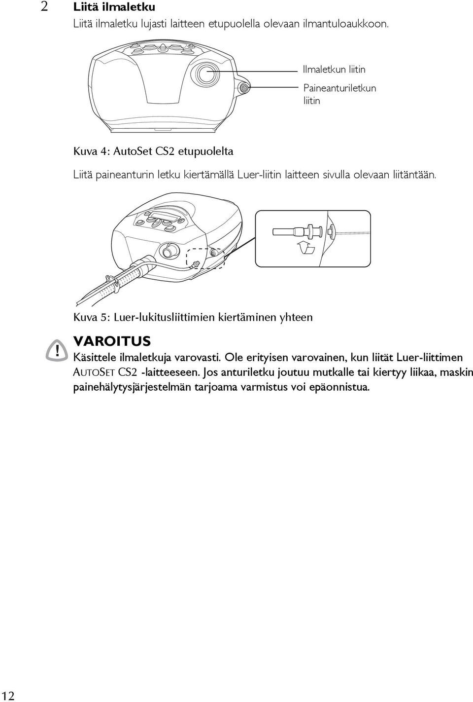 sivulla olevaan liitäntään. Kuva 5: Luer-lukitusliittimien kiertäminen yhteen! VAROITUS Käsittele ilmaletkuja varovasti.