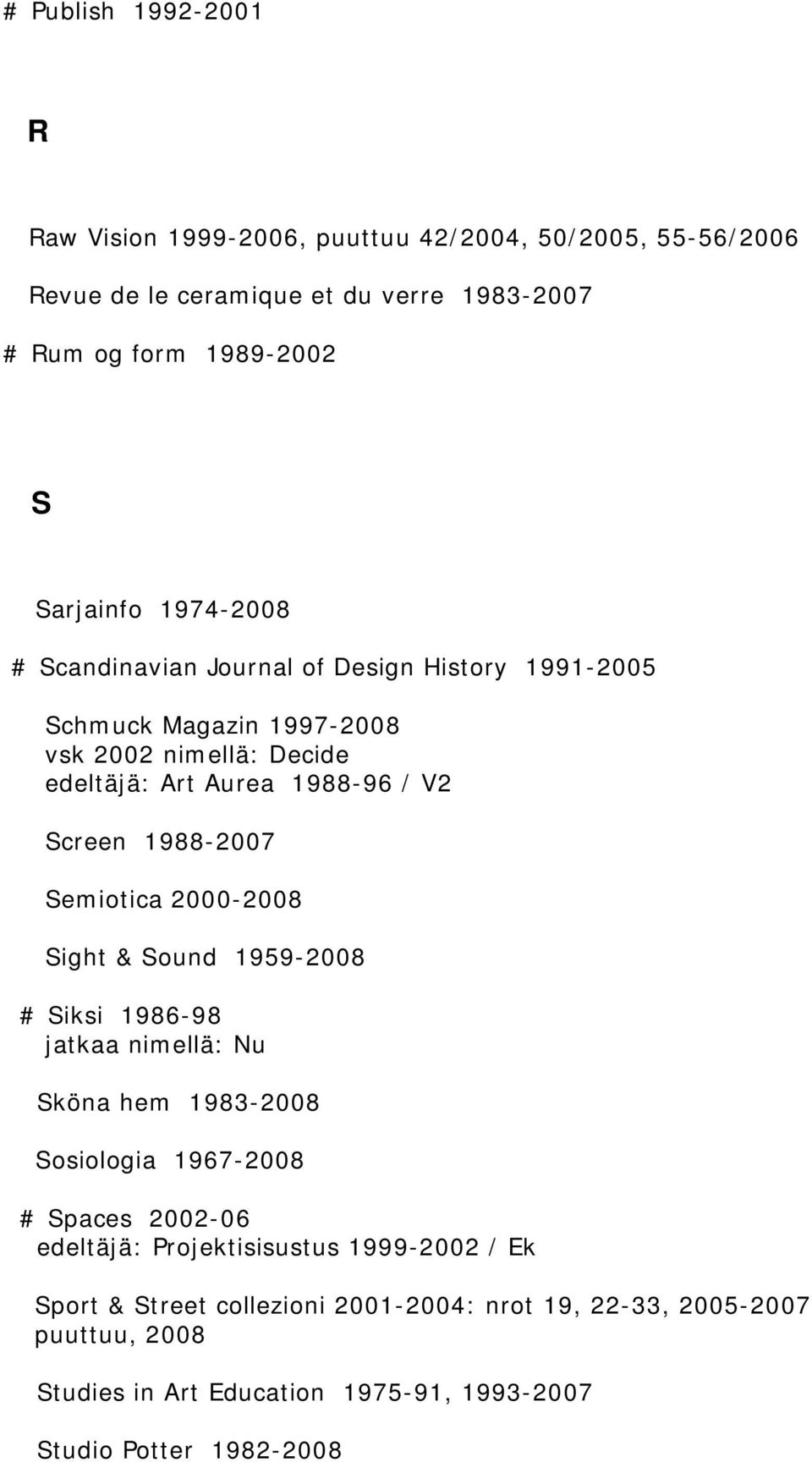 Semiotica 2000-2008 Sight & Sound 1959-2008 # Siksi 1986-98 jatkaa nimellä: Nu Sköna hem 1983-2008 Sosiologia 1967-2008 # Spaces 2002-06 edeltäjä: