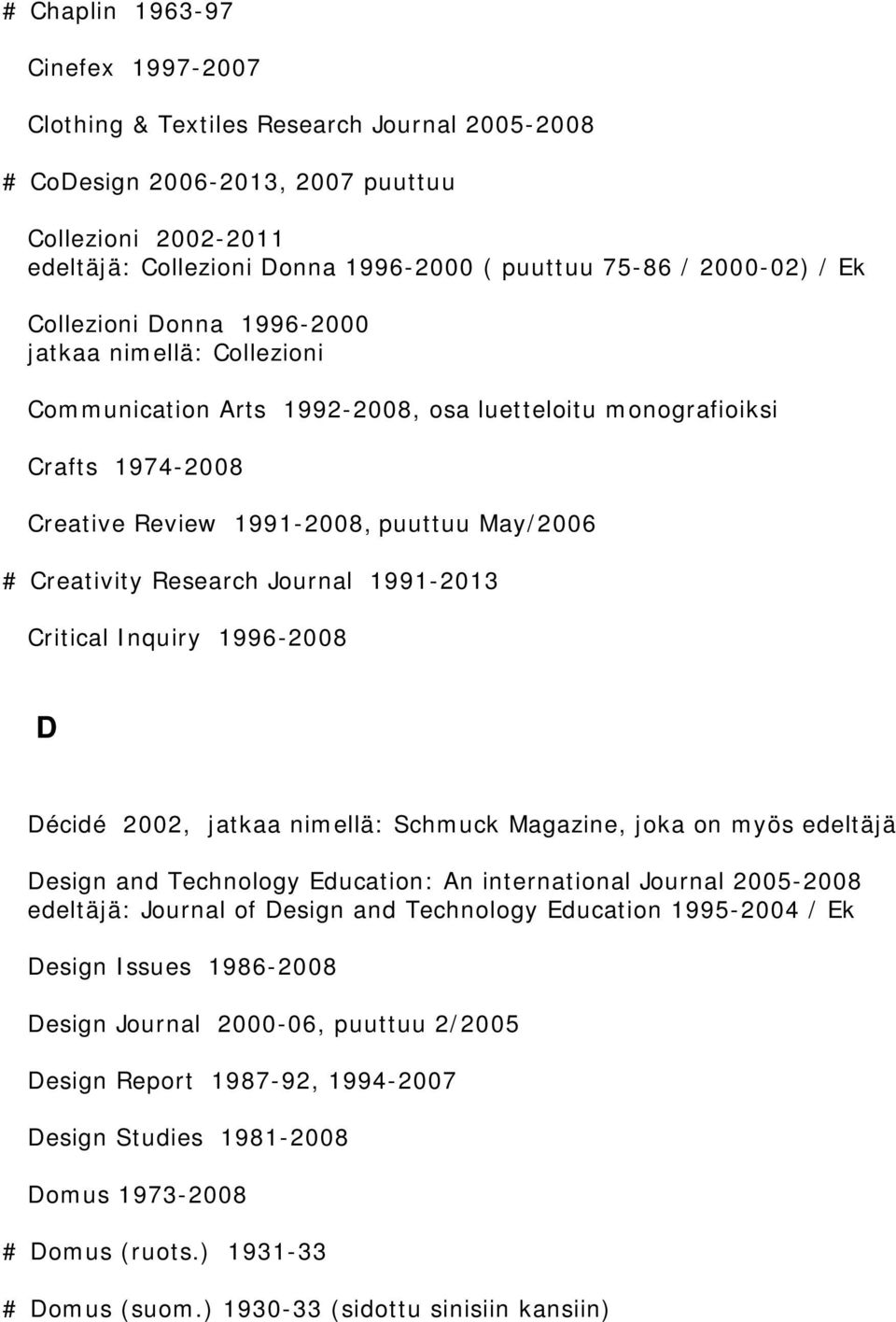 Creativity Research Journal 1991-2013 Critical Inquiry 1996-2008 D Décidé 2002, jatkaa nimellä: Schmuck Magazine, joka on myös edeltäjä Design and Technology Education: An international Journal