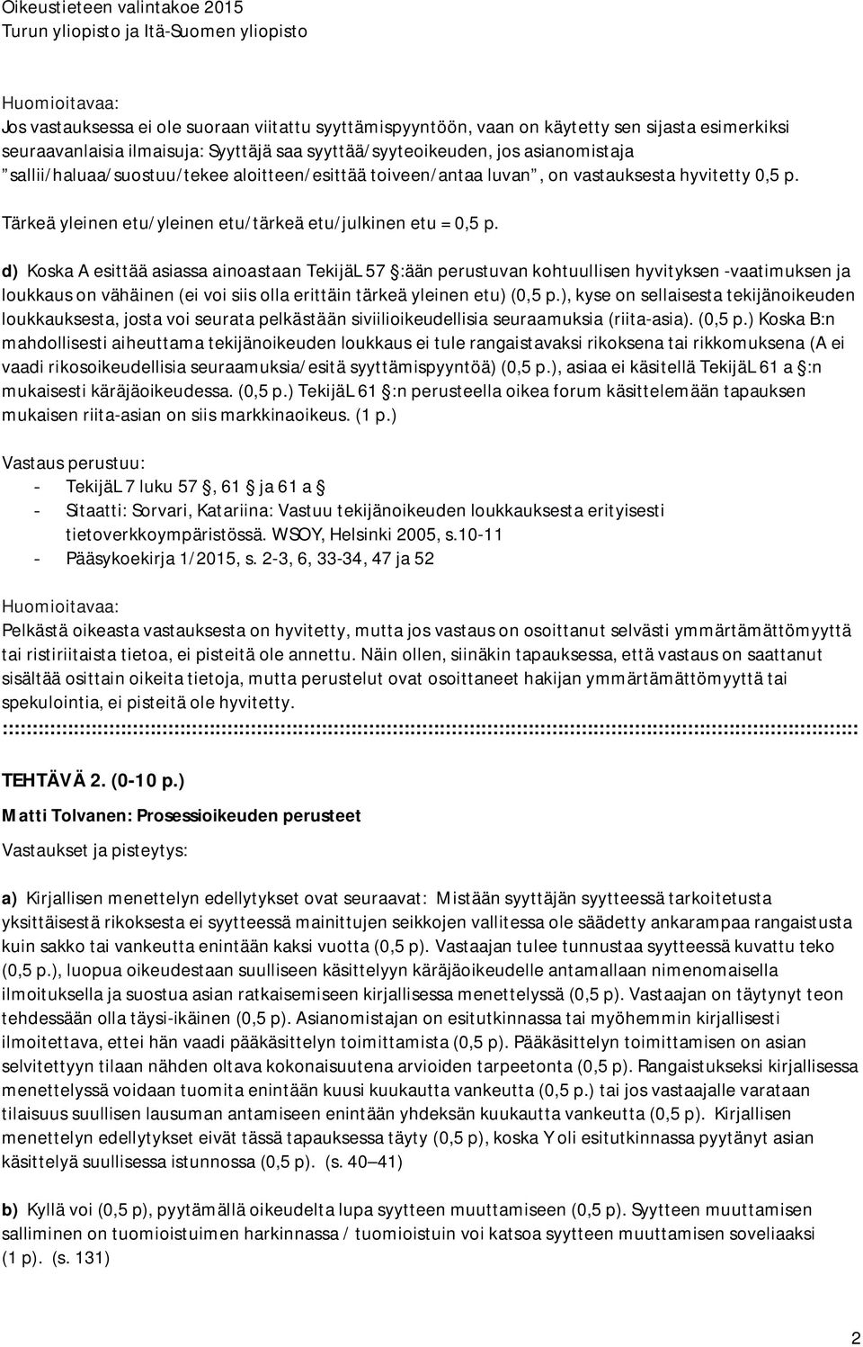 d) Koska A esittää asiassa ainoastaan TekijäL 57 :ään perustuvan kohtuullisen hyvityksen -vaatimuksen ja loukkaus on vähäinen (ei voi siis olla erittäin tärkeä yleinen etu) (0,5 p.