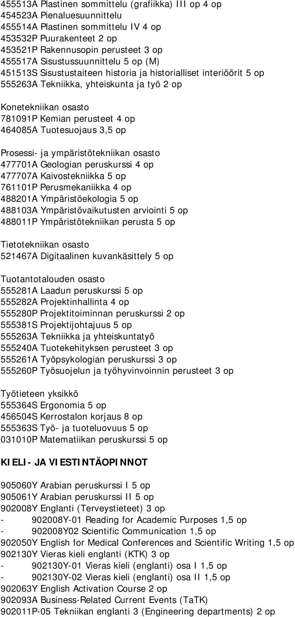 Tuotesuojaus 3,5 op Prosessi- ja ympäristötekniikan osasto 477701A Geologian peruskurssi 4 op 477707A Kaivostekniikka 5 op 761101P Perusmekaniikka 4 op 488201A Ympäristöekologia 5 op 488103A