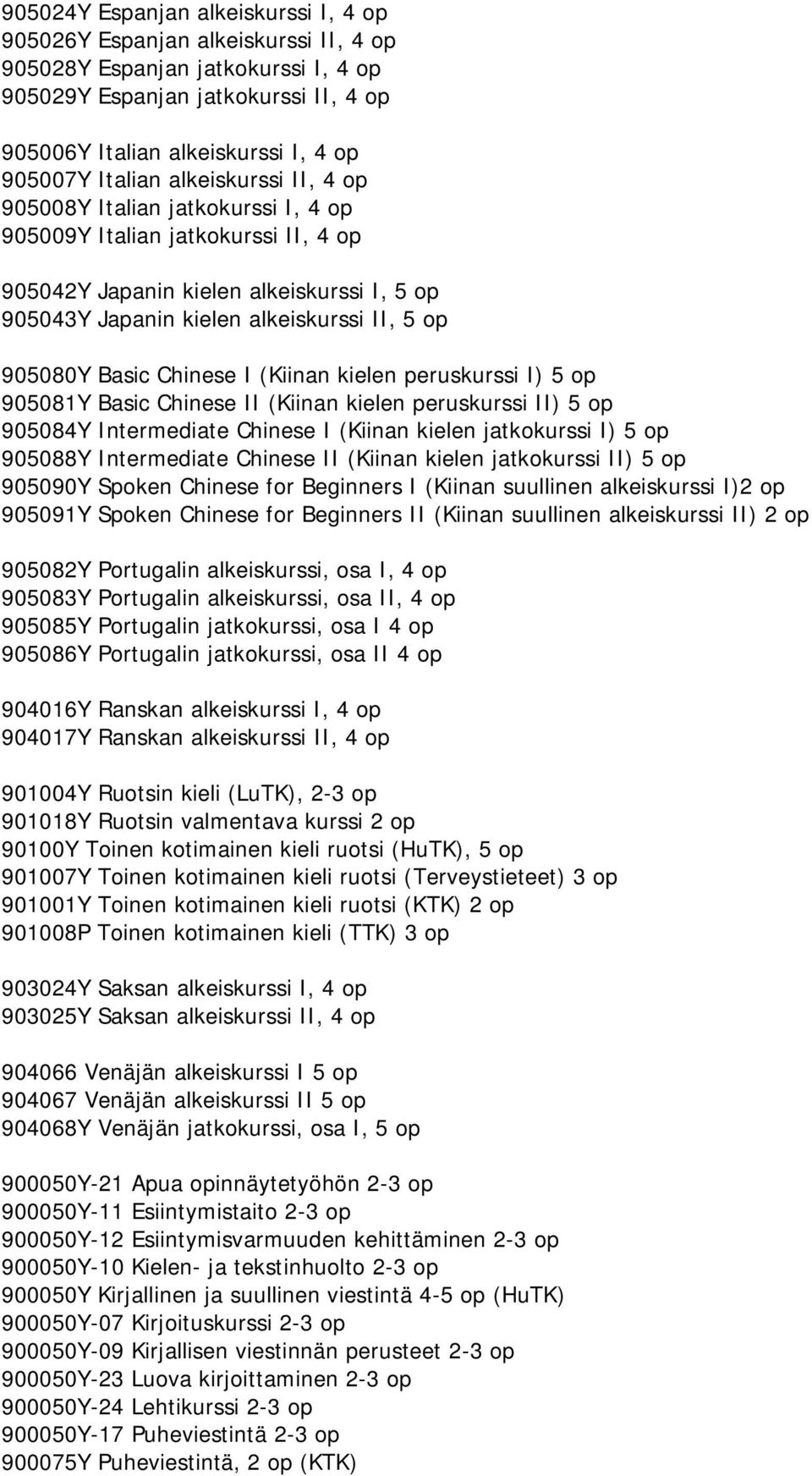 Basic Chinese I (Kiinan kielen peruskurssi I) 5 op 905081Y Basic Chinese II (Kiinan kielen peruskurssi II) 5 op 905084Y Intermediate Chinese I (Kiinan kielen jatkokurssi I) 5 op 905088Y Intermediate