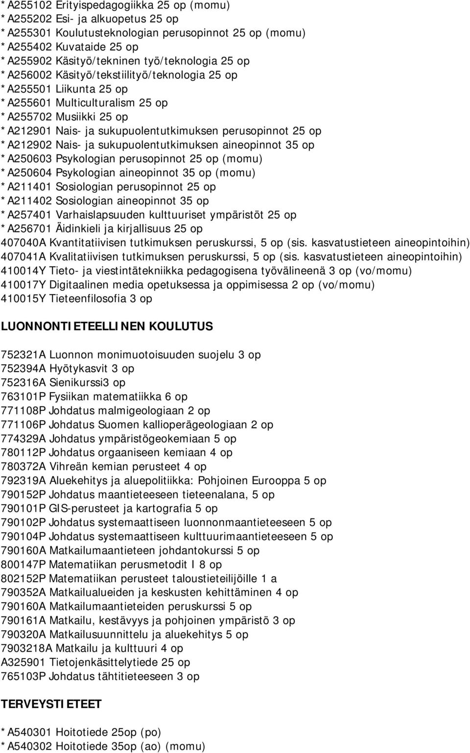 Nais- ja sukupuolentutkimuksen aineopinnot 35 op *A250603 Psykologian perusopinnot 25 op (momu) *A250604 Psykologian aineopinnot 35 op (momu) *A211401 Sosiologian perusopinnot 25 op *A211402