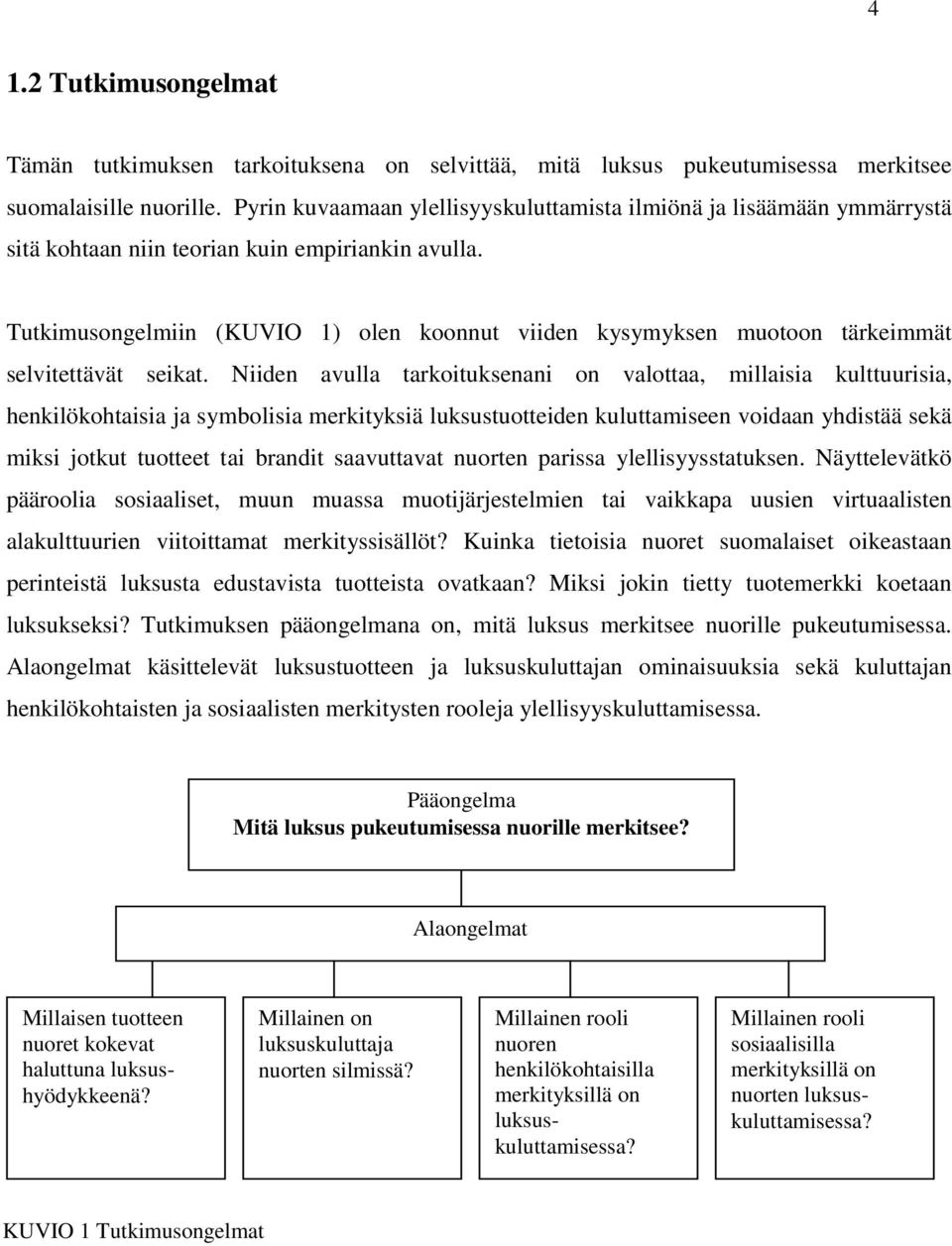 Tutkimusongelmiin (KUVIO 1) olen koonnut viiden kysymyksen muotoon tärkeimmät selvitettävät seikat.