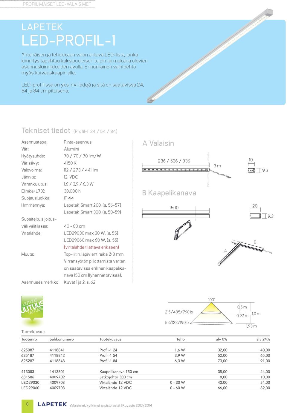 Tekniset tiedot (Profil-1 24 / 54 / 84) Asennustapa: Pinta-asennus Alumiini Hyötysuhde: 70 / 70 / 70 lm/w Värisävy: 4150 K Valovoima: 112 / 273 / 441 lm 12 VDC Virrankulutus: 1,6 / 3,9 / 6,3 W