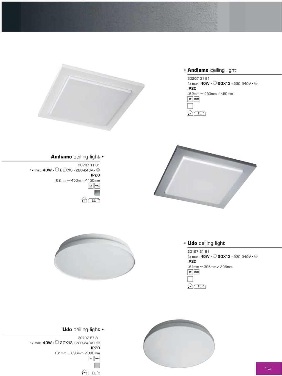 40W 2GX13 220-240V E H 62mm J 450mm N 450mm EL Udo ceiling light 30197 31 81 1x max.