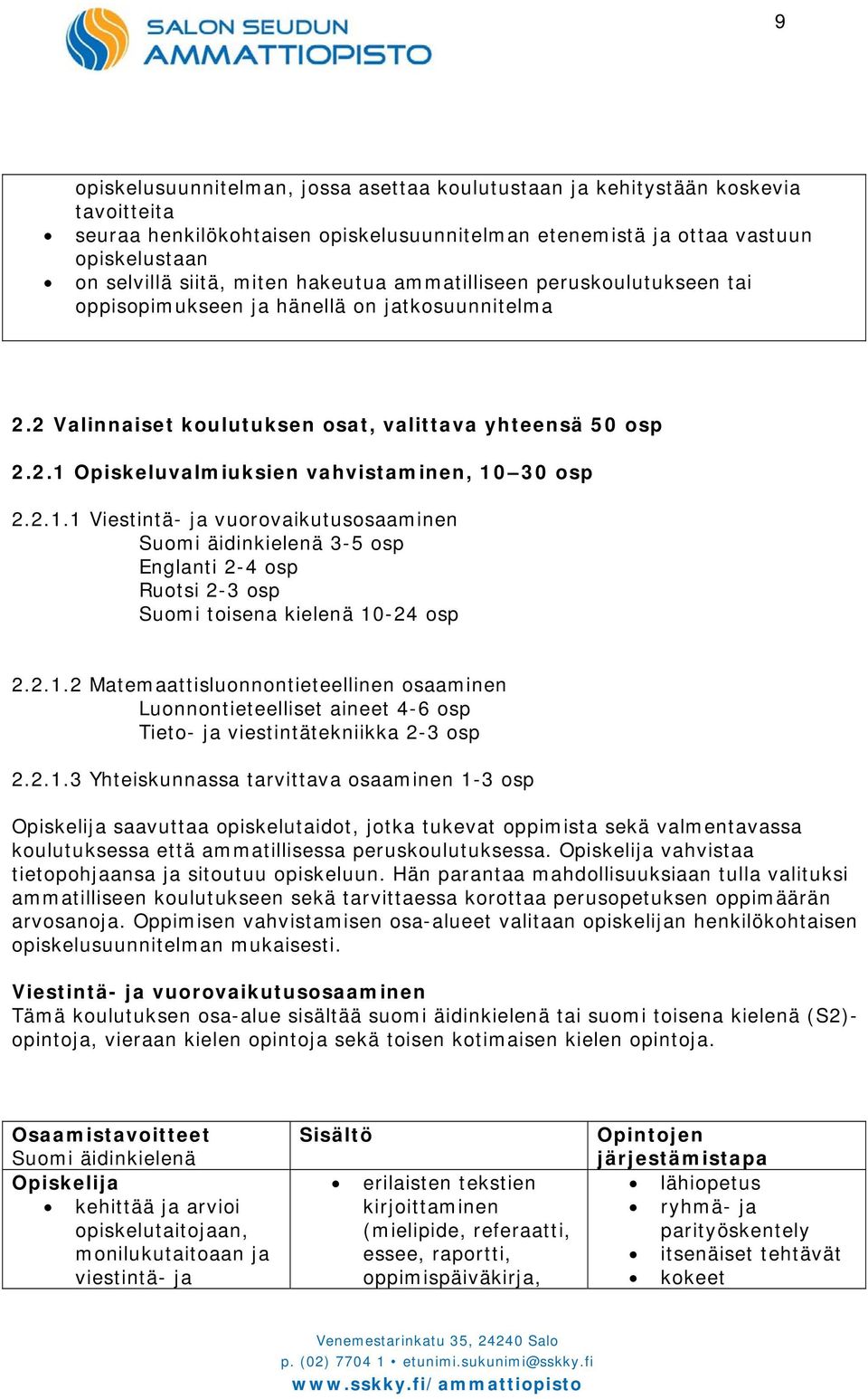2.1.1 Viestintä- ja vuorovaikutusosaaminen Suomi äidinkielenä 3-5 osp Englanti 2-4 osp Ruotsi 2-3 osp Suomi toisena kielenä 10-24 osp 2.2.1.2 Matemaattisluonnontieteellinen osaaminen Luonnontieteelliset aineet 4-6 osp Tieto- ja viestintätekniikka 2-3 osp 2.