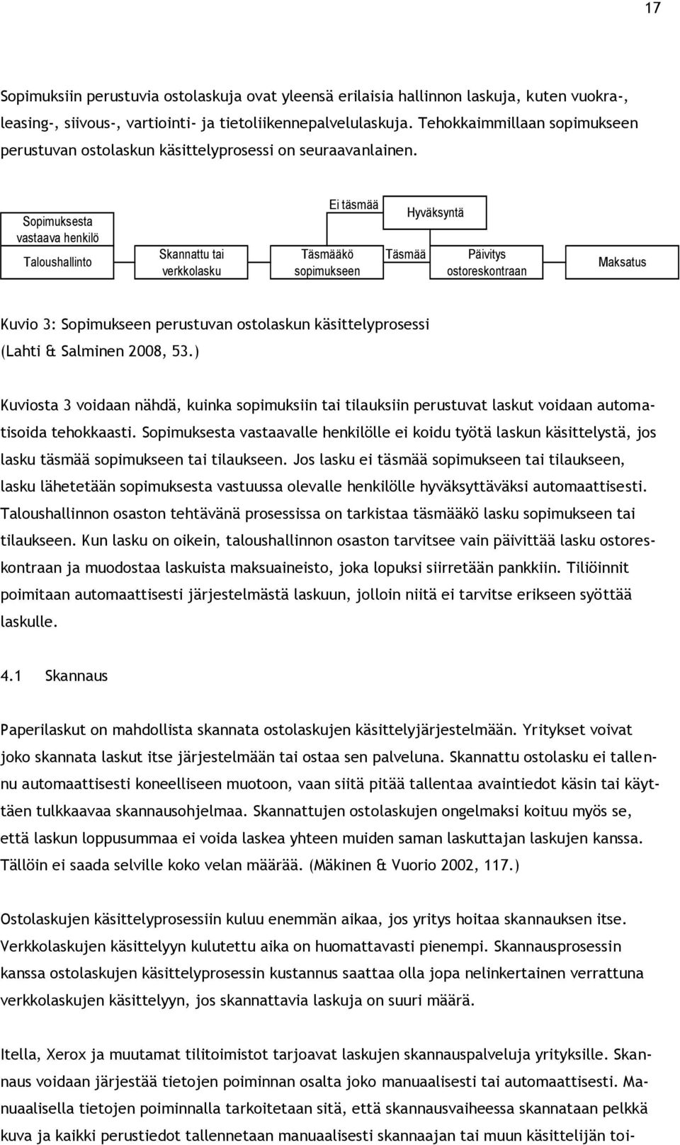 Sopimuksesta vastaava henkilö Taloushallinto Skannattu tai verkkolasku Ei täsmää Täsmääkö sopimukseen Täsmää Hyväksyntä Päivitys ostoreskontraan Maksatus Kuvio 3: Sopimukseen perustuvan ostolaskun