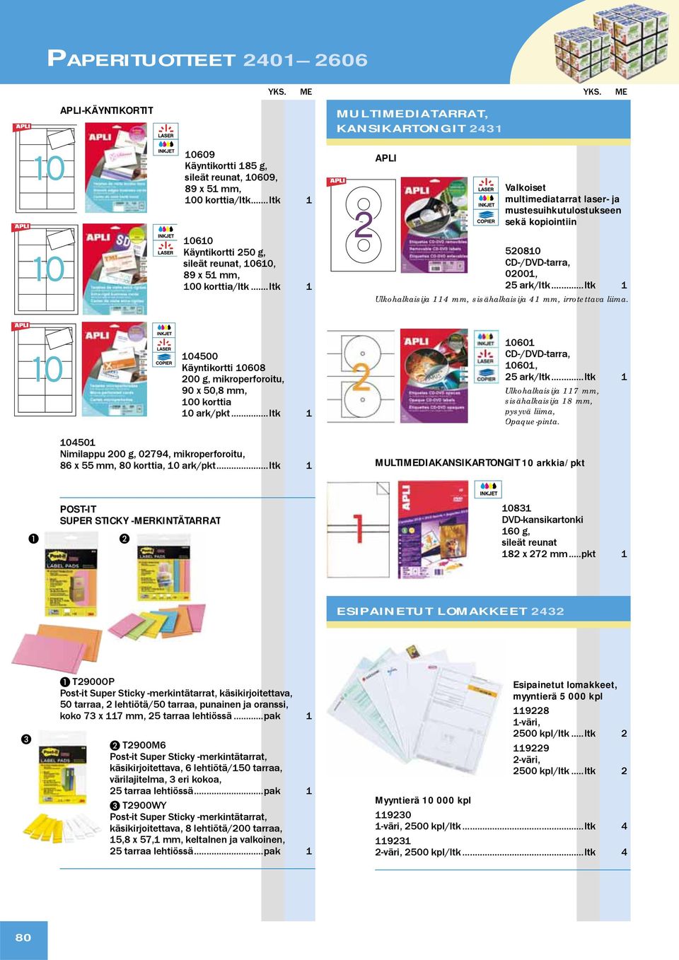 .. ltk 1 APLI Valkoiset multimediatarra laser- ja mustesuihkutulostukseen sekä kopiointiin 520810 CD-/DVD-tarra, 02001, 25 ark/ltk.