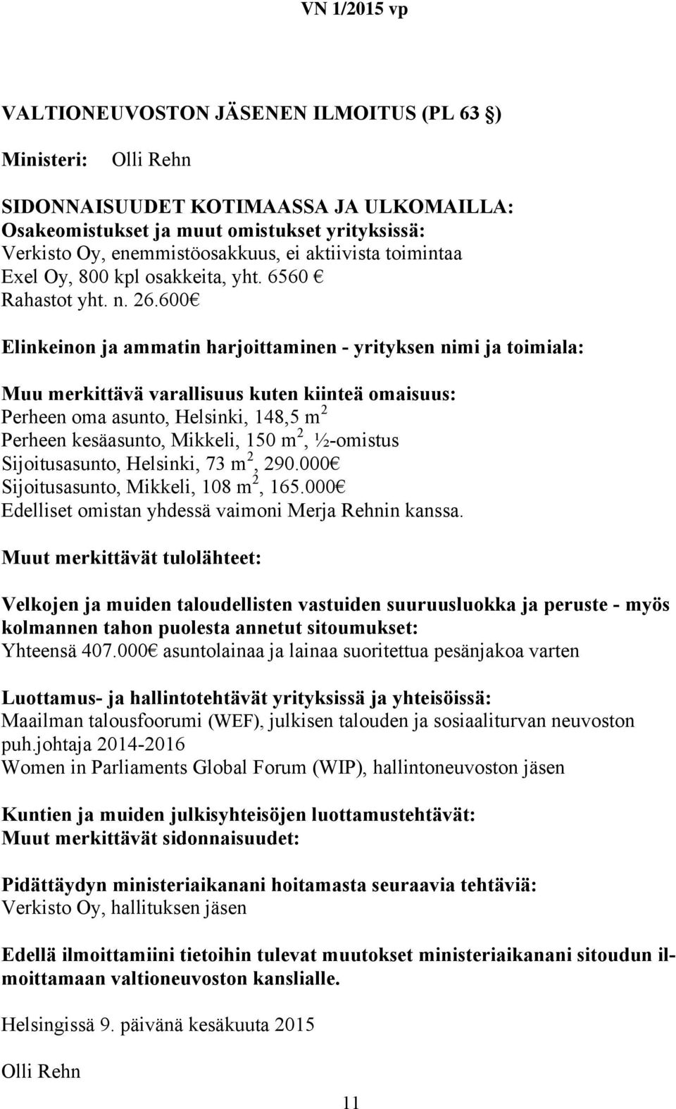 000 Sijoitusasunto, Mikkeli, 108 m 2, 165.000 Edelliset omistan yhdessä vaimoni Merja Rehnin kanssa. Yhteensä 407.