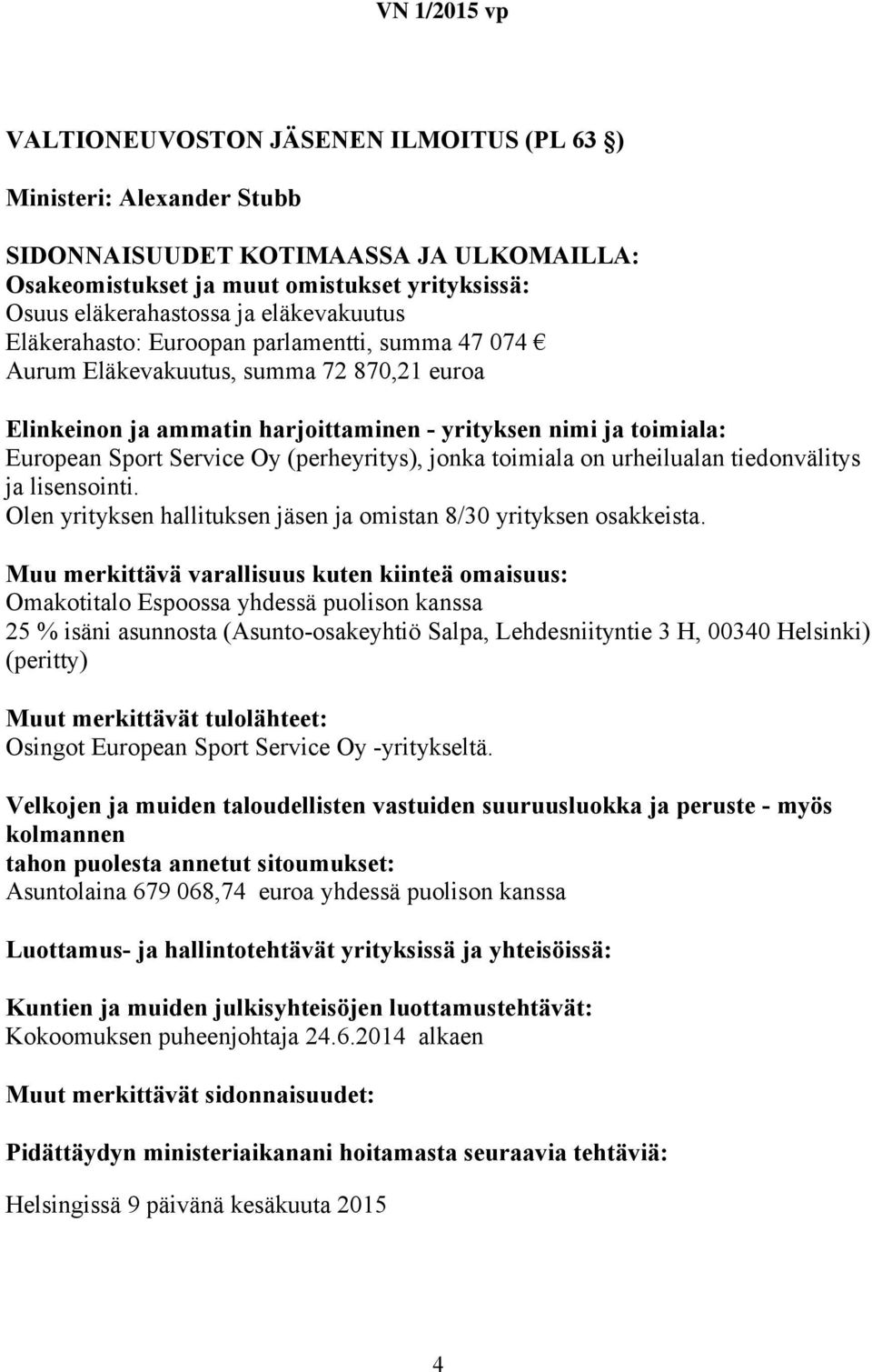 Omakotitalo Espoossa yhdessä puolison kanssa 25 % isäni asunnosta (Asunto-osakeyhtiö Salpa, Lehdesniityntie 3 H, 00340 Helsinki) (peritty) Osingot European Sport Service Oy