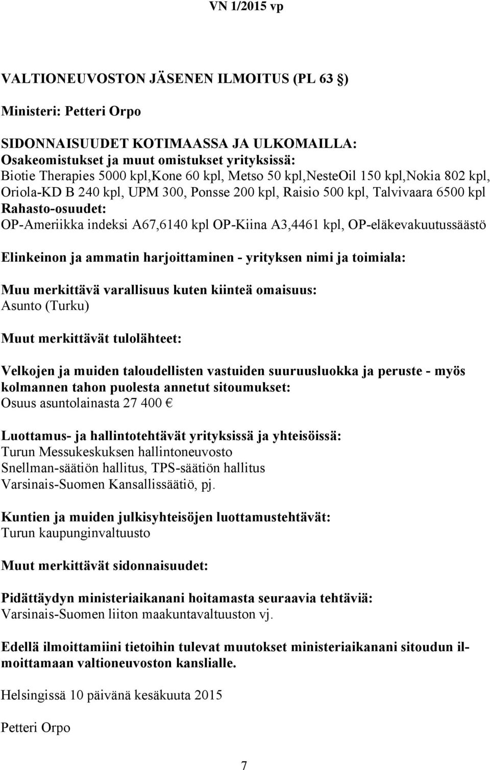 Asunto (Turku) Osuus asuntolainasta 27 400 Turun Messukeskuksen hallintoneuvosto Snellman-säätiön hallitus, TPS-säätiön hallitus