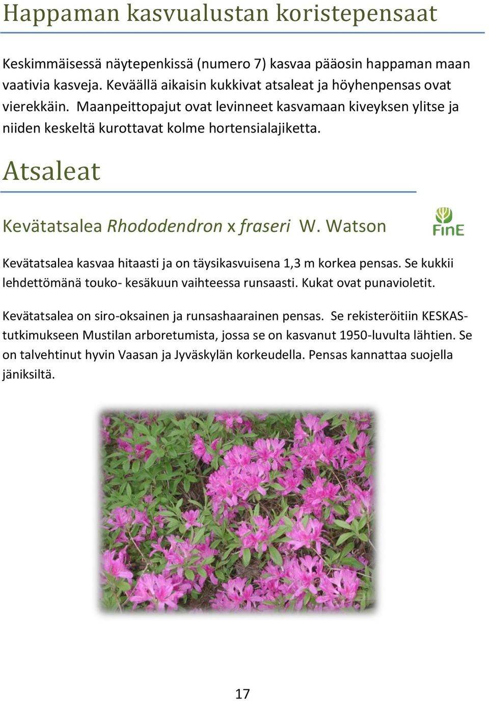 Watson Kevätatsalea kasvaa hitaasti ja on täysikasvuisena 1,3 m korkea pensas. Se kukkii lehdettömänä touko- kesäkuun vaihteessa runsaasti. Kukat ovat punavioletit.
