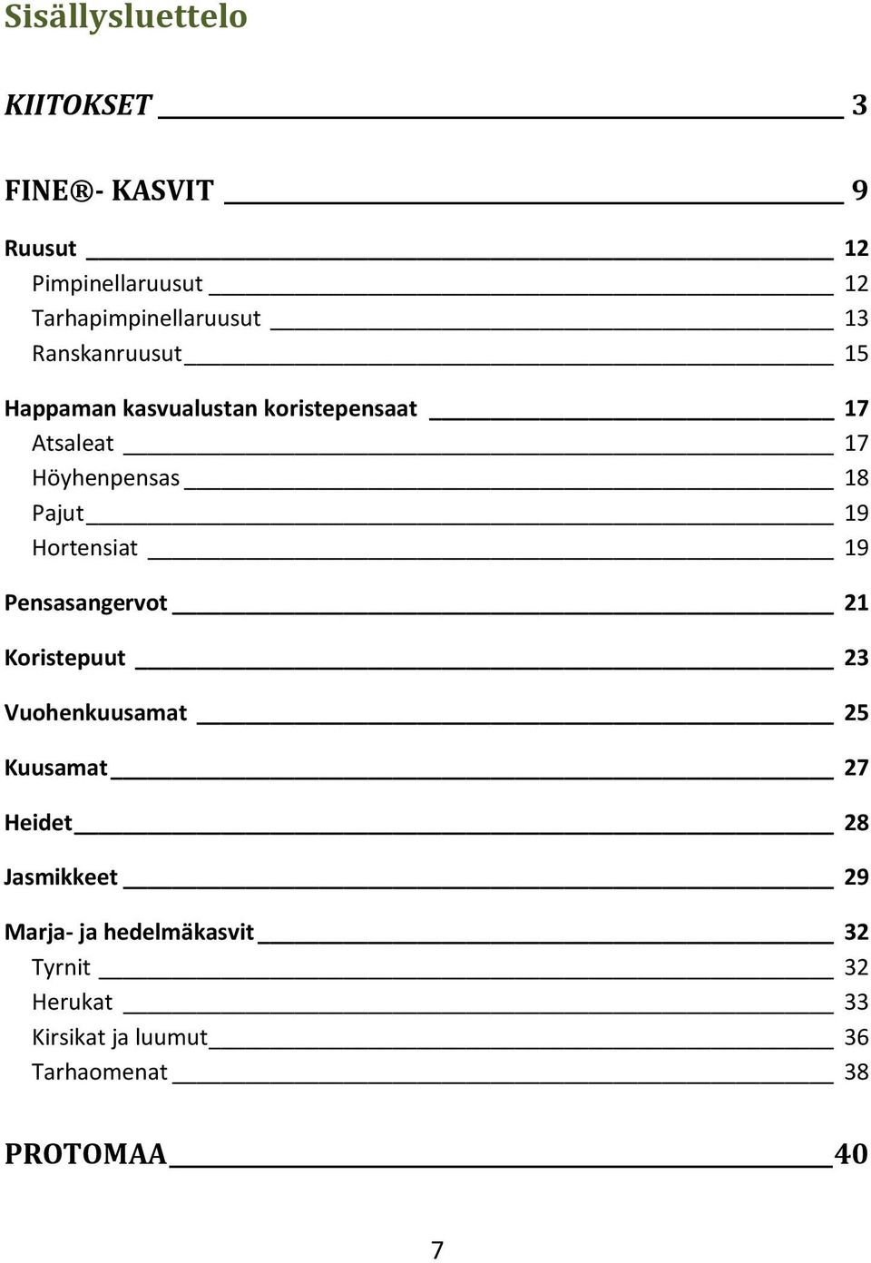 Hortensiat 19 Pensasangervot 21 Koristepuut 23 Vuohenkuusamat 25 Kuusamat 27 Heidet 28 Jasmikkeet