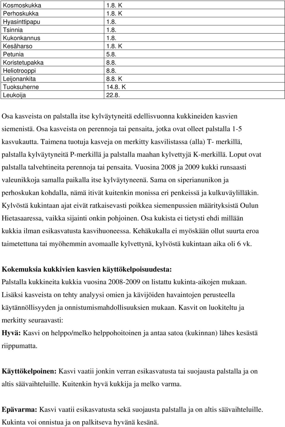 Taimena tuotuja kasveja on merkitty kasvilistassa (alla) T- merkillä, palstalla kylväytyneitä P-merkillä ja palstalla maahan kylvettyjä K-merkillä.