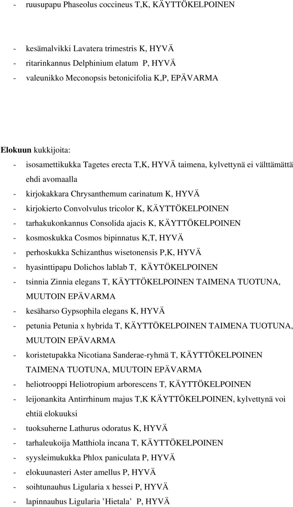 KÄYTTÖKELPOINEN - tarhakukonkannus Consolida ajacis K, KÄYTTÖKELPOINEN - kosmoskukka Cosmos bipinnatus K,T, HYVÄ - perhoskukka Schizanthus wisetonensis P,K, HYVÄ - hyasinttipapu Dolichos lablab T,