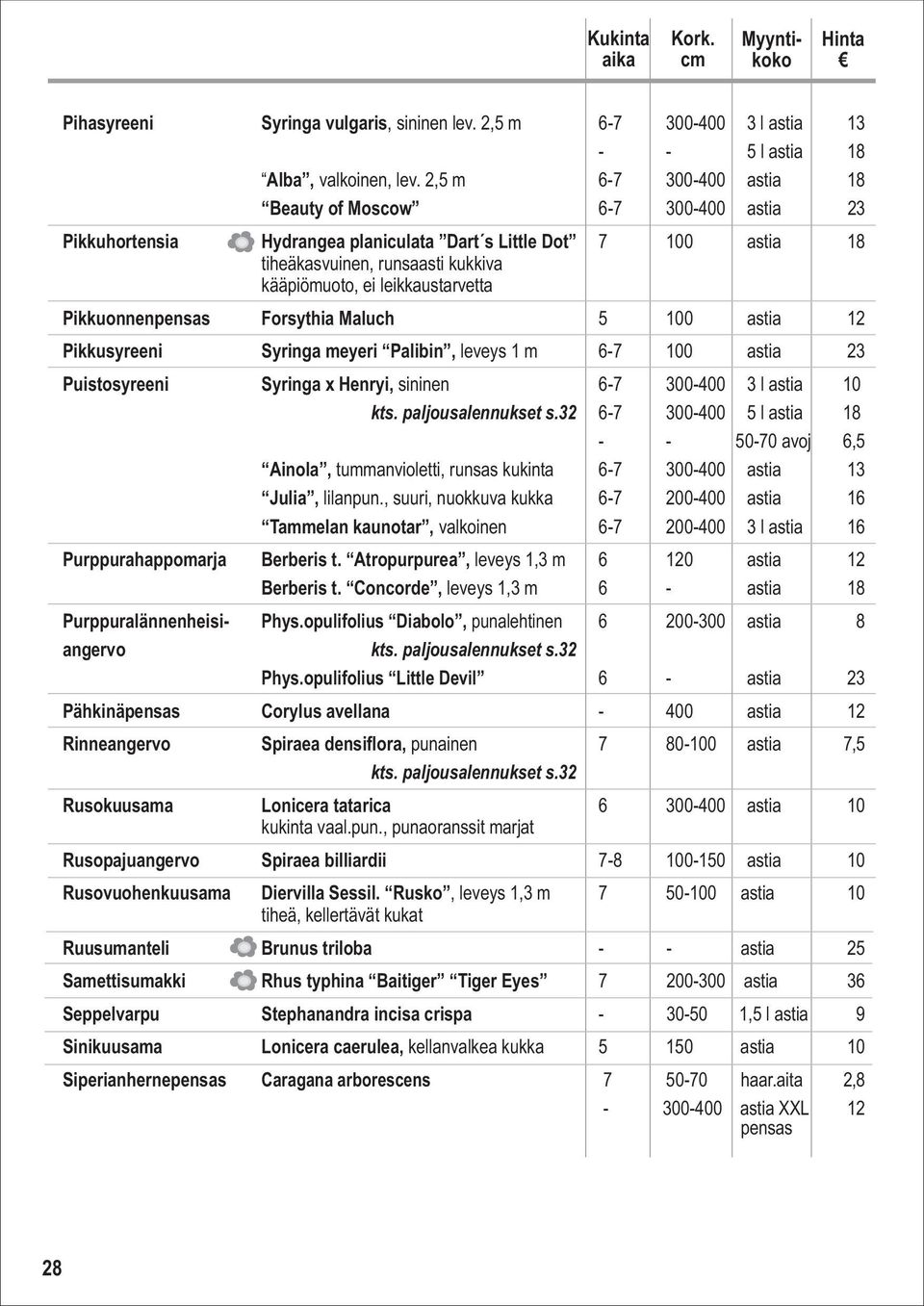 leikkaustarvetta Pikkuonnenpensas Forsythia Maluch 5 100 astia 12 Pikkusyreeni Syringa meyeri Palibin, leveys 1 m 6-7 100 astia 23 Puistosyreeni Syringa x Henryi, sininen 6-7 300-400 3 l astia 10 kts.