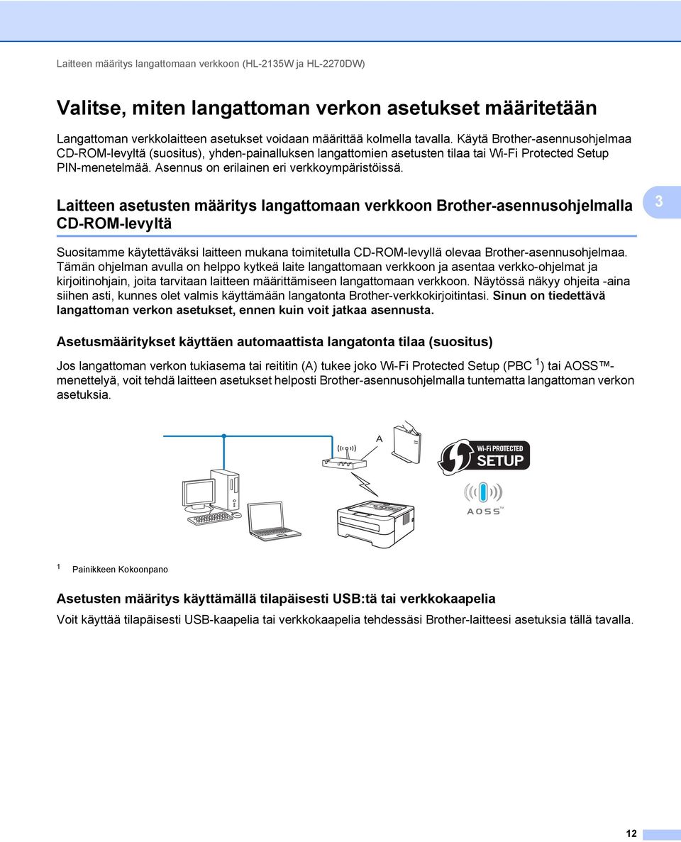 Laitteen asetusten määritys langattomaan verkkoon Brother-asennusohjelmalla CD-ROM-levyltä 3 3 Suositamme käytettäväksi laitteen mukana toimitetulla CD-ROM-levyllä olevaa Brother-asennusohjelmaa.