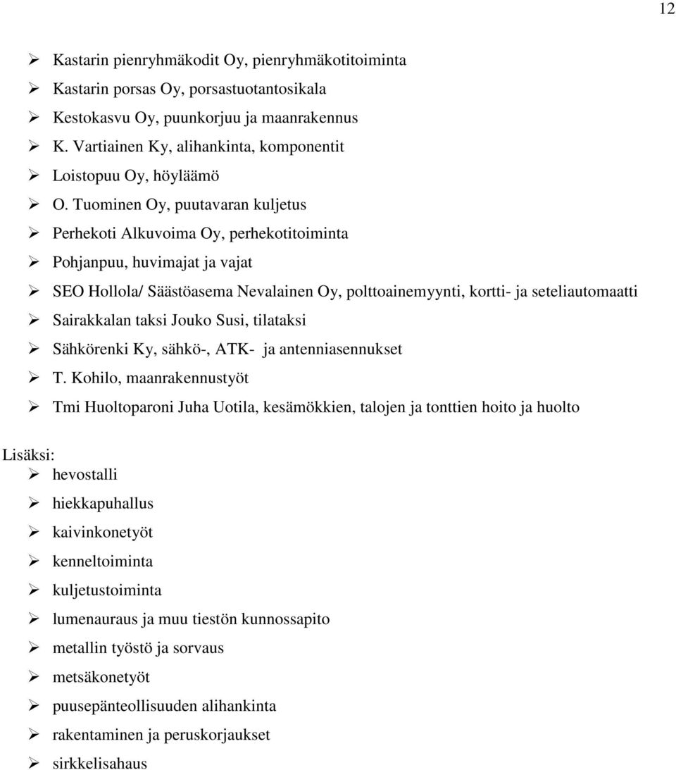 Tuominen Oy, puutavaran kuljetus Perhekoti Alkuvoima Oy, perhekotitoiminta Pohjanpuu, huvimajat ja vajat SEO Hollola/ Säästöasema Nevalainen Oy, polttoainemyynti, kortti- ja seteliautomaatti